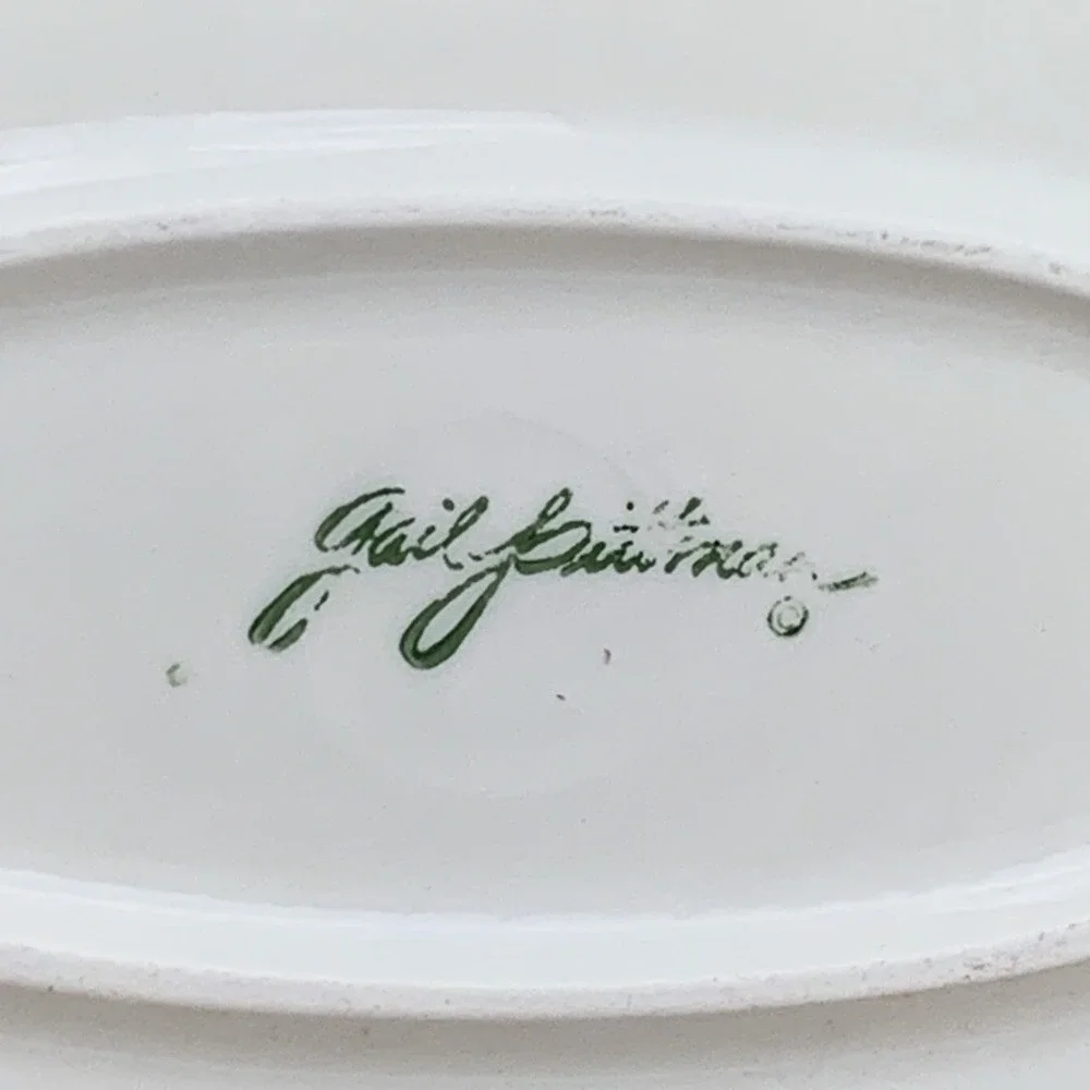 Gail Pittman Hand Painted Ceramic Oval Serving Platter Floral Striped Burgundy